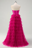 Fuchsia Princess Strapless Cut Out Tiered Tulle Long Prom Dresses