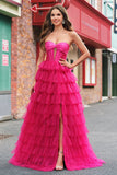 Fuchsia Princess Strapless Cut Out Tiered Tulle Long Prom Dresses