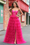 Fuchsia Princess Strapless Cut Out Tiered Tulle Long Prom Dresses