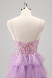 Sparkly A Line Tiered Lilac Sequins Prom Dress with Slit