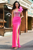 Mermaid Fuchsia One Shoulder Removable Ruffles Long Prom Dress with Slit