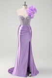 Sparkly Fuchsia Mermaid One Shoulder Removable Ruffles Long Prom Dress with Slit