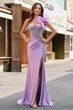 Sparkly Lilac Mermaid Beaded Corset One Shoulder Long Prom Dress