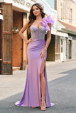 Sparkly Lilac Mermaid Beaded Corset One Shoulder Long Prom Dress