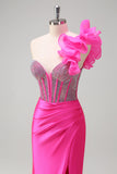 Sparkly Fuchsia Mermaid One Shoulder Removable Ruffles Long Prom Dress with Slit