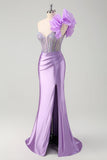 Sparkly Fuchsia Mermaid One Shoulder Removable Ruffles Long Prom Dress with Slit