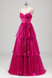 Sparkly A Line Fuchsia Corset Tiered Spaghetti Straps Metallic Prom Dress