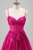 Sparkly A Line Fuchsia Corset Tiered Spaghetti Straps Metallic Prom Dress