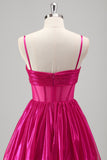 Sparkly A Line Fuchsia Corset Tiered Spaghetti Straps Metallic Prom Dress