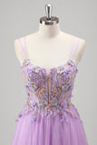 Sparkly Beaded Lilac Floral Appliques Corset Prom Dress