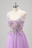 Sparkly Beaded Lilac Floral Appliques Corset Prom Dress