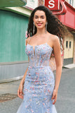 Light Blue Floral Beaded Mermaid Spaghetti Straps Tulle Prom Dress