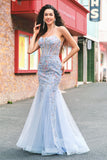 Light Blue Floral Beaded Mermaid Spaghetti Straps Tulle Prom Dress