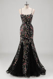 Black Floral Beaded Mermaid Spaghetti Straps Tulle Prom Dress