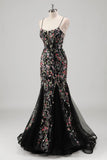 Black Floral Beaded Mermaid Spaghetti Straps Tulle Prom Dress