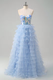 Blue A-Line Sweetheart Keyhole Corset Tiered Mirrors Ruffle Long Prom Dress