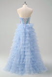 Blue A-Line Sweetheart Keyhole Corset Tiered Mirrors Ruffle Long Prom Dress