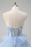 Blue A-Line Sweetheart Keyhole Corset Tiered Mirrors Ruffle Long Prom Dress