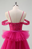 Hot Pink Cold Shoulder A-Line Tulle Tiered Long Prom Dress with Appliques