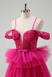 Hot Pink Cold Shoulder A-Line Tulle Tiered Long Prom Dress with Appliques