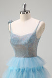 Sparkly Light Blue A-Line Ruffled Beaded Prom Dress with Slit