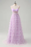 Light Purple A-Line Tiered Corset Sheer Long Prom Dress with Ruffles