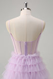 Light Purple A-Line Tiered Corset Sheer Long Prom Dress with Ruffles