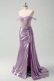 Light Purple Off The Shoulder Watteau Train Mermaid Corset Metallic Prom Dress