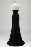 Sparkly Black Mermaid Strapless Corset Appliques Long Prom Dress with Slit