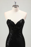 Sparkly Black Mermaid Strapless Corset Appliques Long Prom Dress with Slit