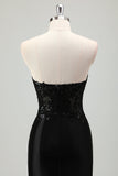 Sparkly Black Mermaid Strapless Corset Appliques Long Prom Dress with Slit