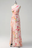 Peach Floral One Shoulder Sleeveless Print Long Prom Dress