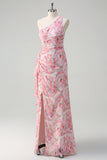 Pink Floral One Shoulder Long Prom Dress With Slit