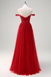 Red A-Line Off the Shoulder Tulle Long Corset Prom Dress with Slit