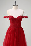 Red A-Line Off the Shoulder Tulle Long Corset Prom Dress with Slit