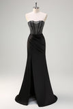 Black Mermaid Strapless Ruched Satin Corset Long Prom Dress with Beading