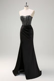 Black Mermaid Strapless Ruched Satin Corset Long Prom Dress with Beading