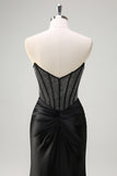 Black Mermaid Strapless Ruched Satin Corset Long Prom Dress with Beading