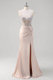 Blush Spaghetti Straps Mermaid Corset Beaded Long Prom Dress