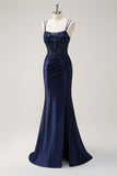 Navy Mermaid Spaghetti Straps Corset Ruched Long Prom Dress With Slit