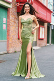 Mermaid Green Corset Spaghetti Straps Pleated Prom Dress