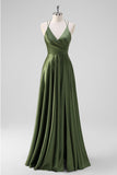 Olive A-Line Spaghetti Straps Ruched Long Satin Bridesmaid Dress