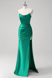 Green Mermaid Strapless Satin Ruched Long Prom Dress with Slit