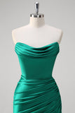 Green Mermaid Strapless Satin Ruched Long Prom Dress with Slit