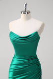 Green Mermaid Strapless Satin Ruched Long Prom Dress with Slit