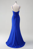 Glitter Royal Blue Mermaid Spaghetti Straps Ruched Long Prom Dress With Slit