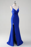 Glitter Royal Blue Mermaid Spaghetti Straps Ruched Long Prom Dress With Slit