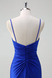 Glitter Royal Blue Mermaid Spaghetti Straps Ruched Long Prom Dress With Slit