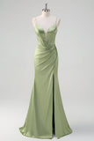 Green Mermaid Spaghetti Straps Corset Long Beaded Prom Dress With Slit