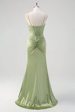 Green Mermaid Spaghetti Straps Corset Long Beaded Prom Dress With Slit